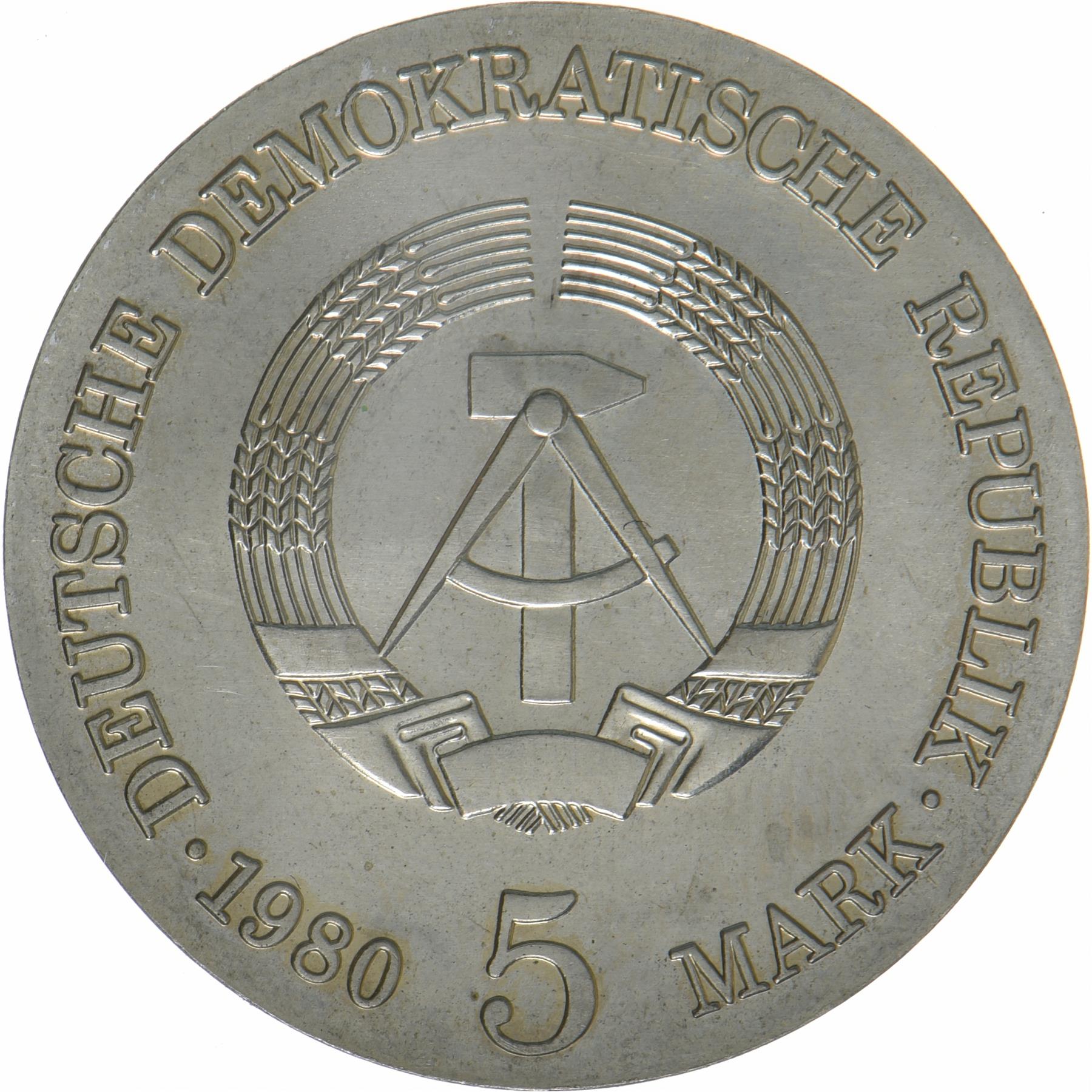 German Democratic Republic | 5 Mark Coin | Adolph von Menzel | KM:76 | 1980