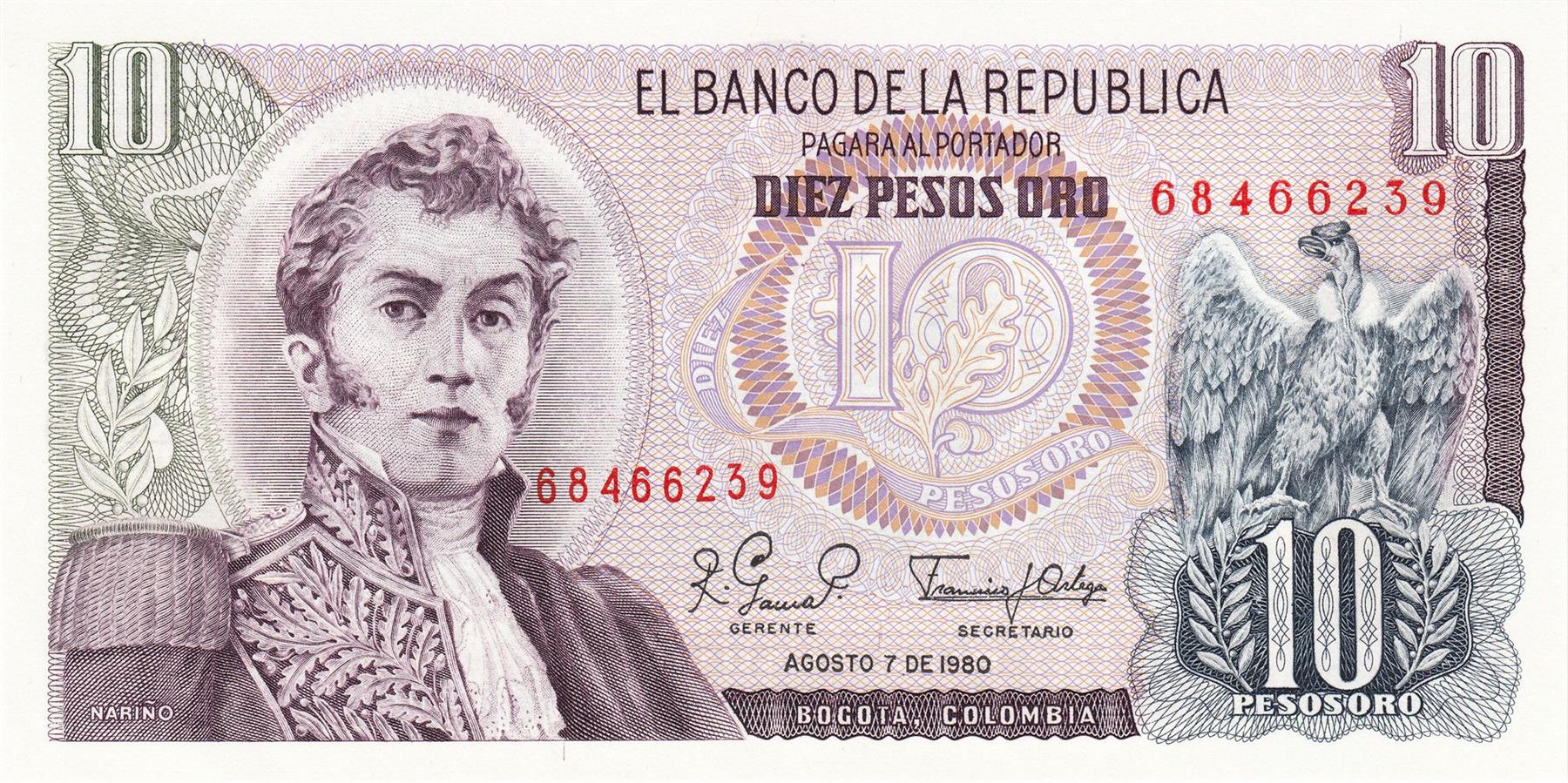 Colombia | 10 Pesos Oro Banknote | 1963 - 1980 | General Antonio Nariño | Condor | San Agustín Archaeological Park