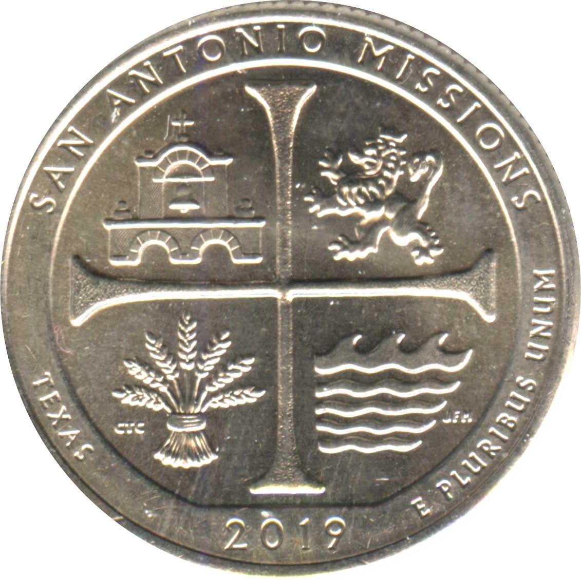 United States | ¼ Dollar | Copper-nickel clad copper | San Antonio Missions National Historical Park, Texas | KM:703 | 2019