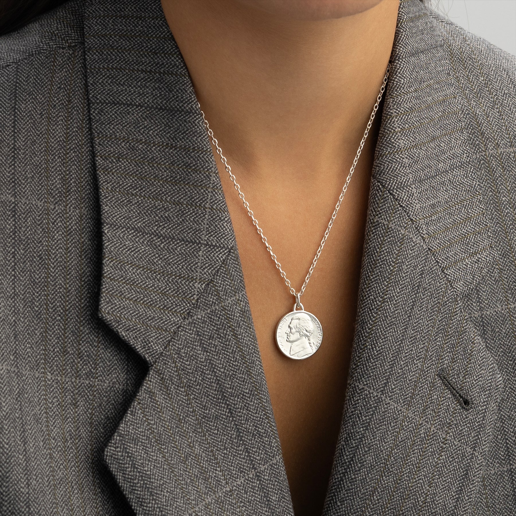 US Coin Necklace | Medallion Pendant Jewelry | Rhodium Plated United States of America 5 Cents | T. Jefferson | 2002