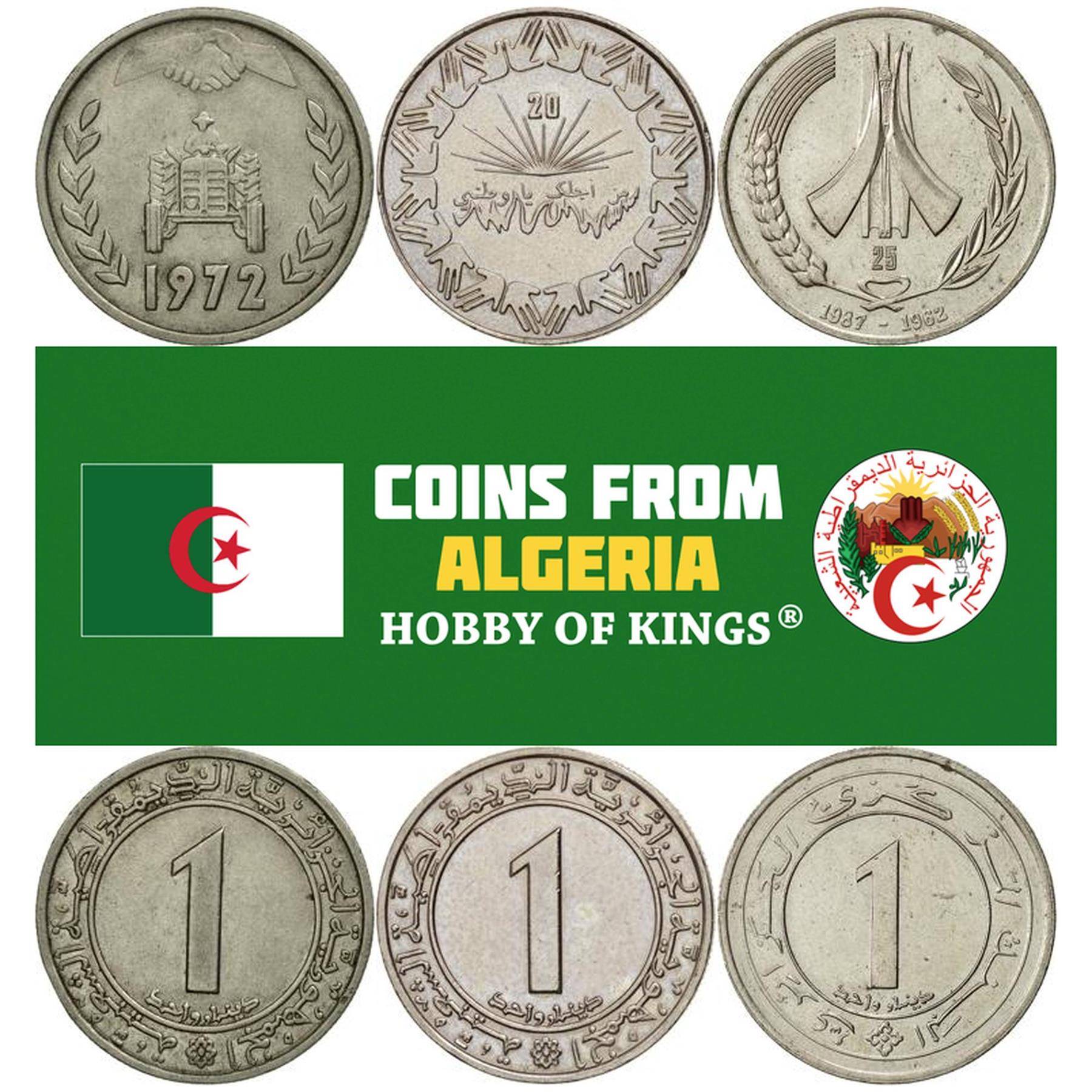 Algeria | 3 Coin Set | 1 Dinar | Tractor | Hands | Numista › Coins › Algeria › Algeria | 1 Dinar 25th Anniversary of Independence | 1 Dinar (25th Anniversary of Independence) - obverse1 Dinar (25th Anniversary of Independence) - reverse | © nordboutik59 |
