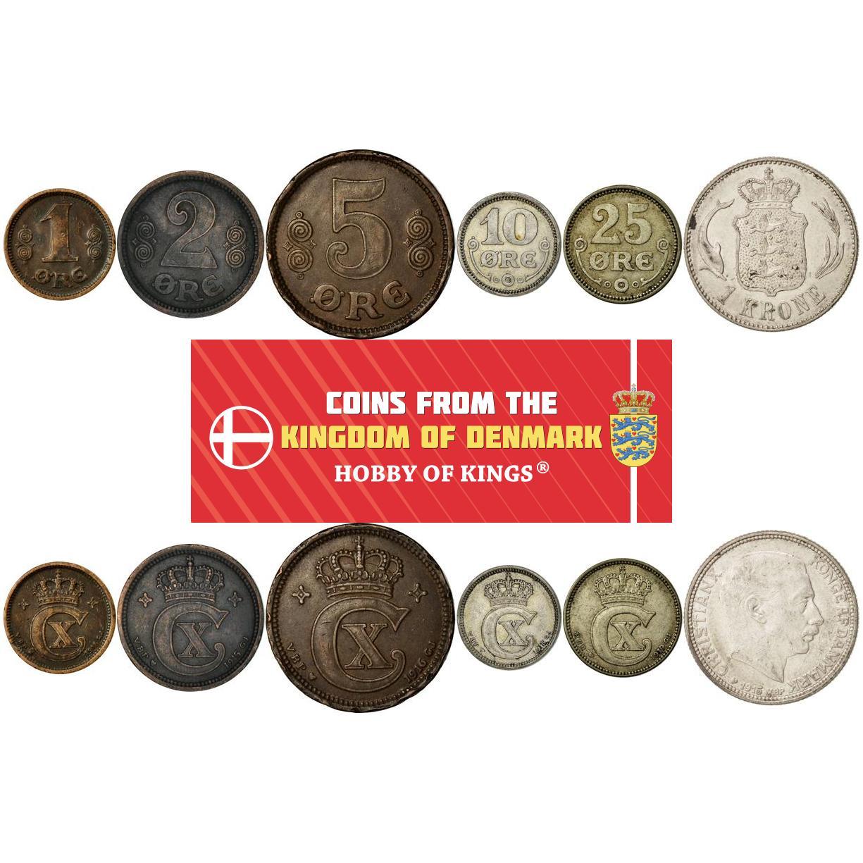Denmark | 6 Coin Set | 1 2 5 10 25 Ore 1 Krone | 1913 - 1923