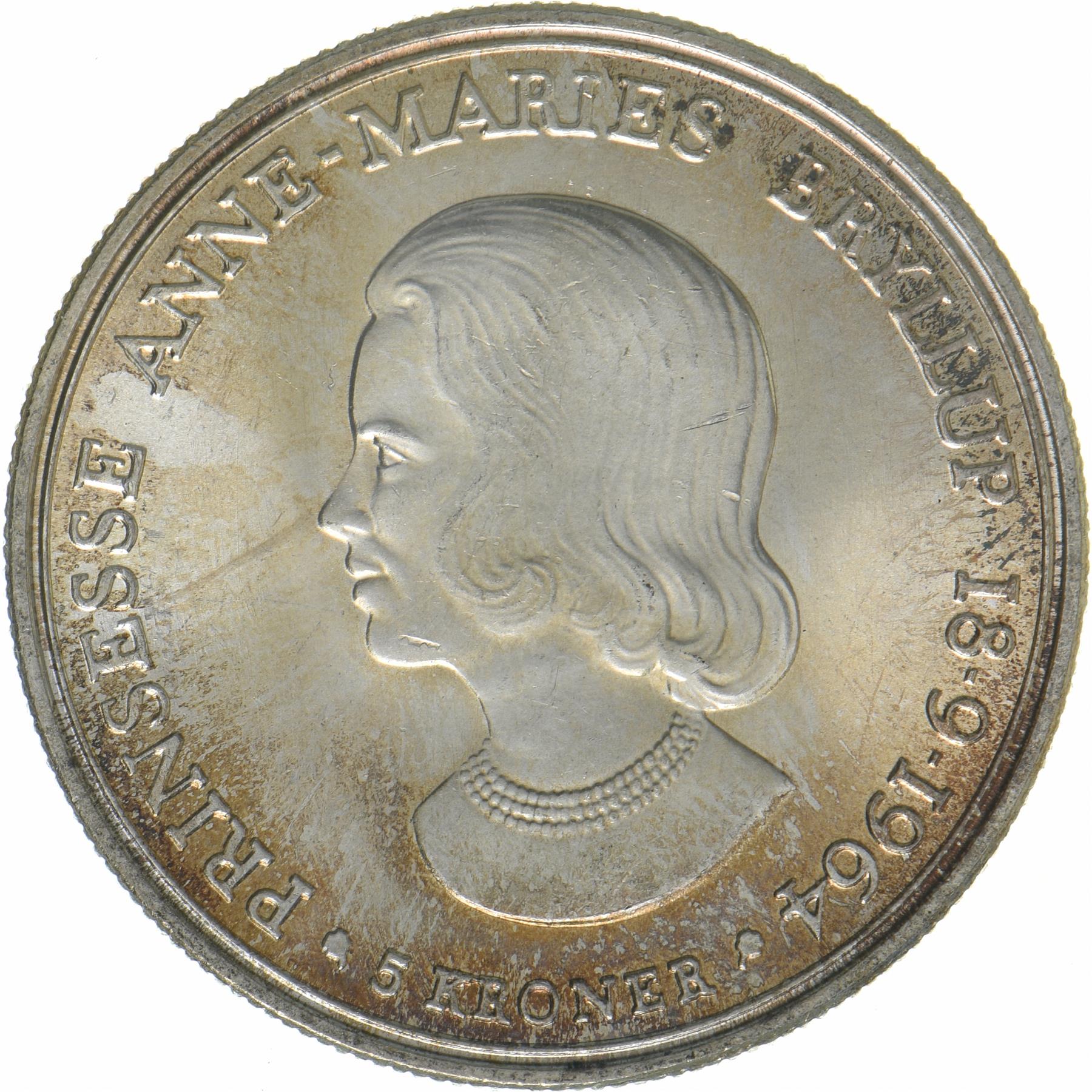 Denmark | 5 Kroner Coin | Silver | Wedding of Princess Anne Marie | KM:854 | 1964