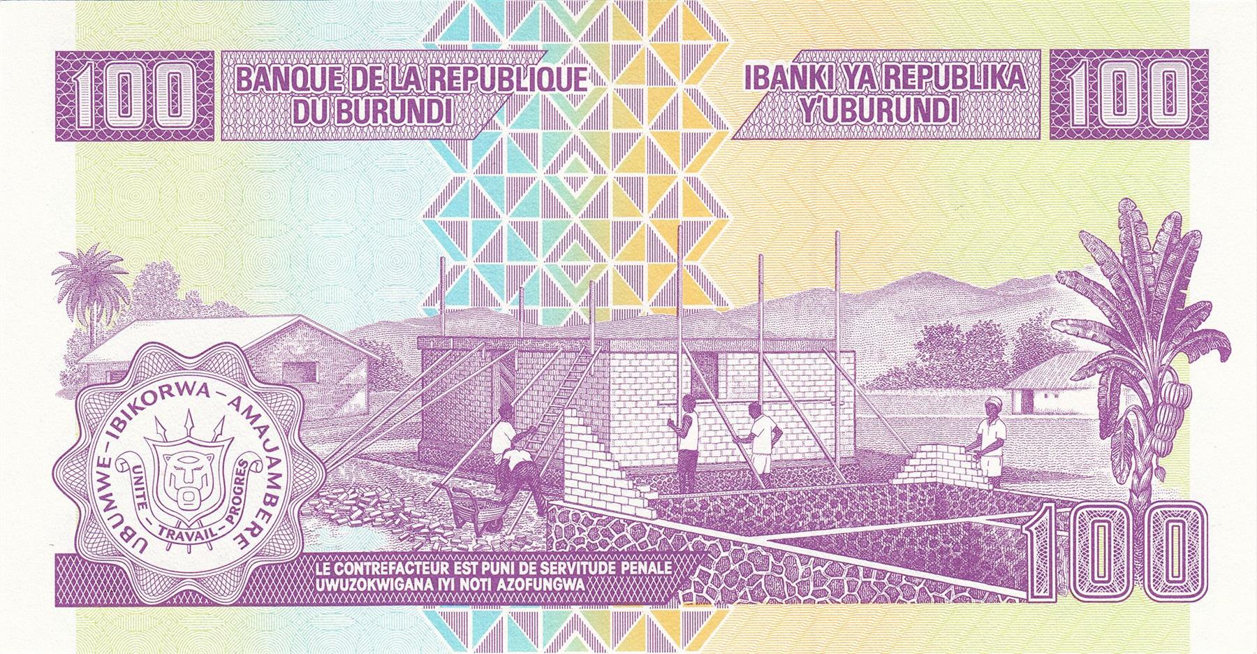 Burundi | 100 Francs Banknote | 2010 - 2024 | Prince Rwagasore | Builders | Banana Plant