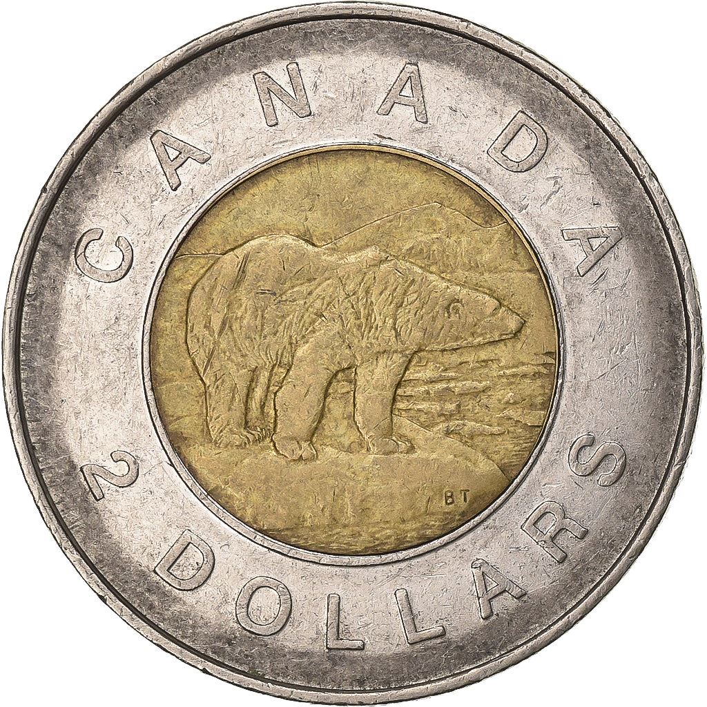 Canada | 2 Dollars Coin | Aluminium bronze center in nickel ring | 3rd portrait; Maple leaf logo | KM:270 | 1996-2003
