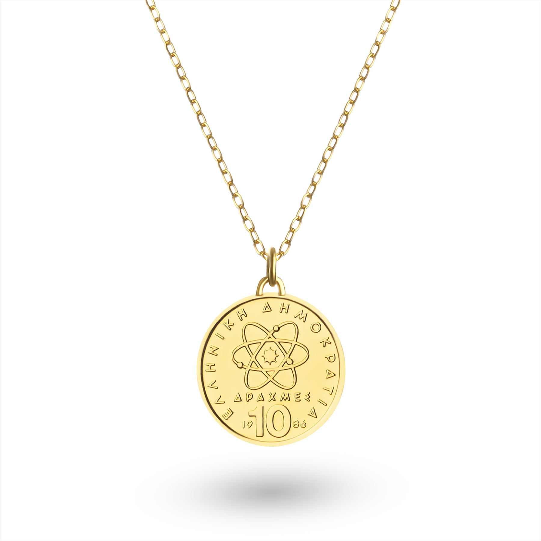 Greek Coin Necklace | Medallion Pendant Jewelry | 18K Gold Plated 10 Drachmes | Democritus | 1976 - 2000
