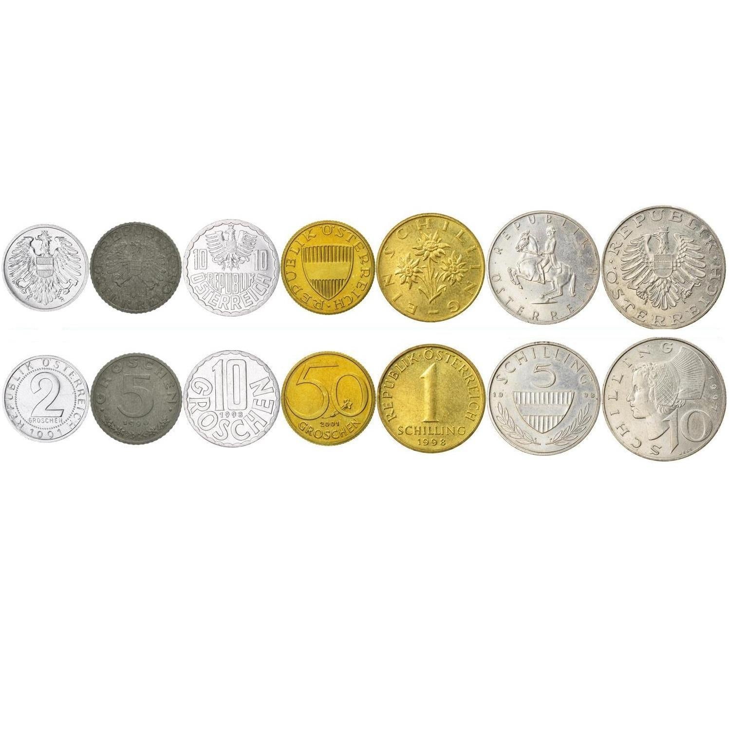 Austria | 7 Coin Set | 2 5 10 50 Groschen 1 5 10 Schilling | Austrian Escutcheon | Lipizzaner Stallion | Brettlhaube Headgear | 1948 - 2001