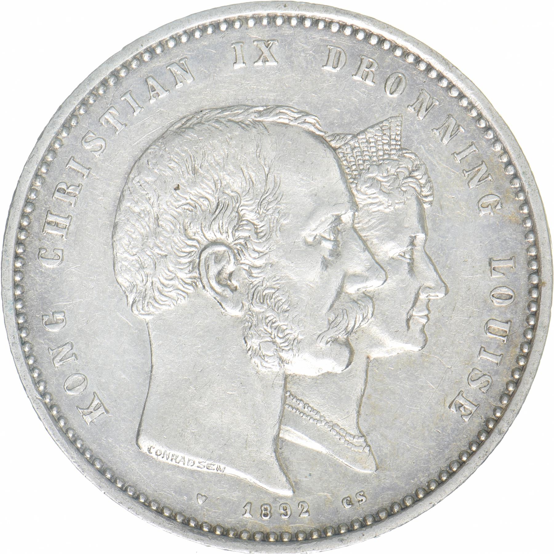 Denmark 2 kroner, 1892 Golden Wedding Anniversary