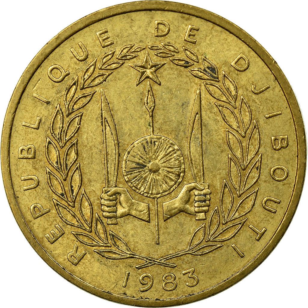 Djibouti | 10 Francs Coin | Knife | Spear | Shield | Dhow | Ocean Liner | Km:23 | 1977 - 2017