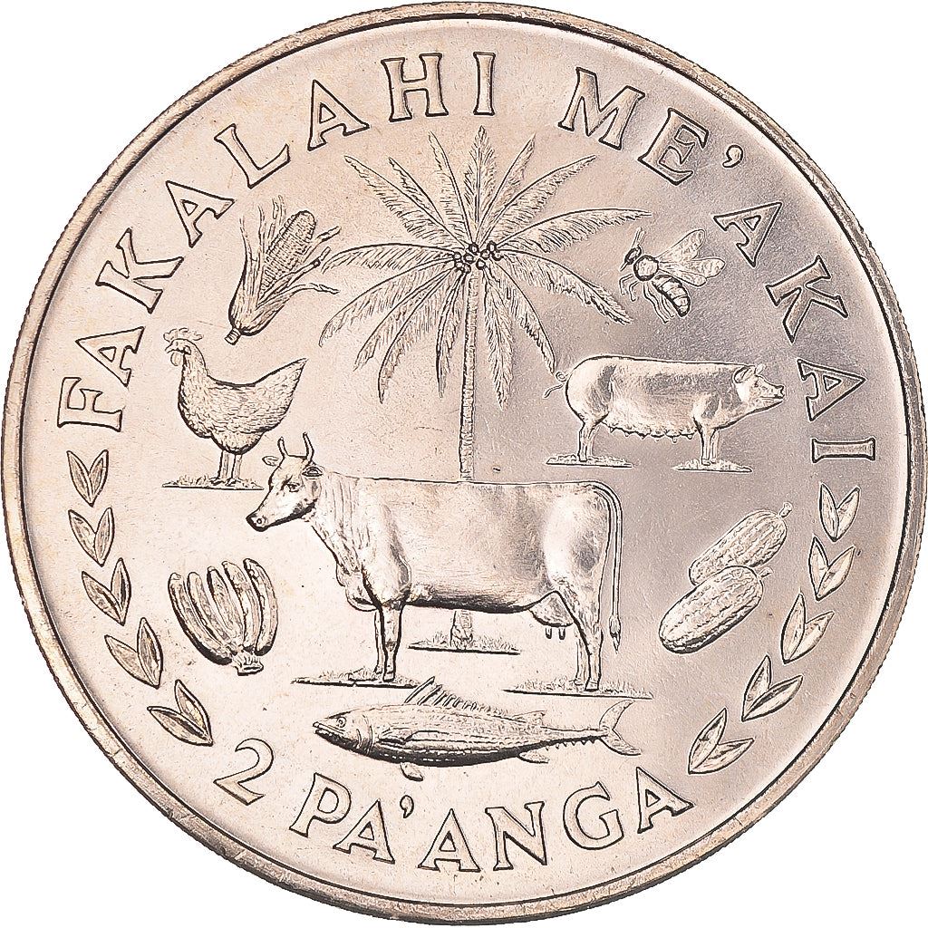 Tonga | 2 Pa'Anga Moneta | Re Tupou IV | FAO | Pesce | Banana | Mucca | Pollo | Maiale | Palma | Mais | Ape da miele | Anguria | Km:49 | 1975 - 1977