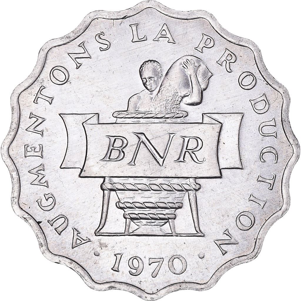 Rwanda | 2 Francs Coin | Farmer | Granary | F.A.O. | FAO | Km:10 | 1970