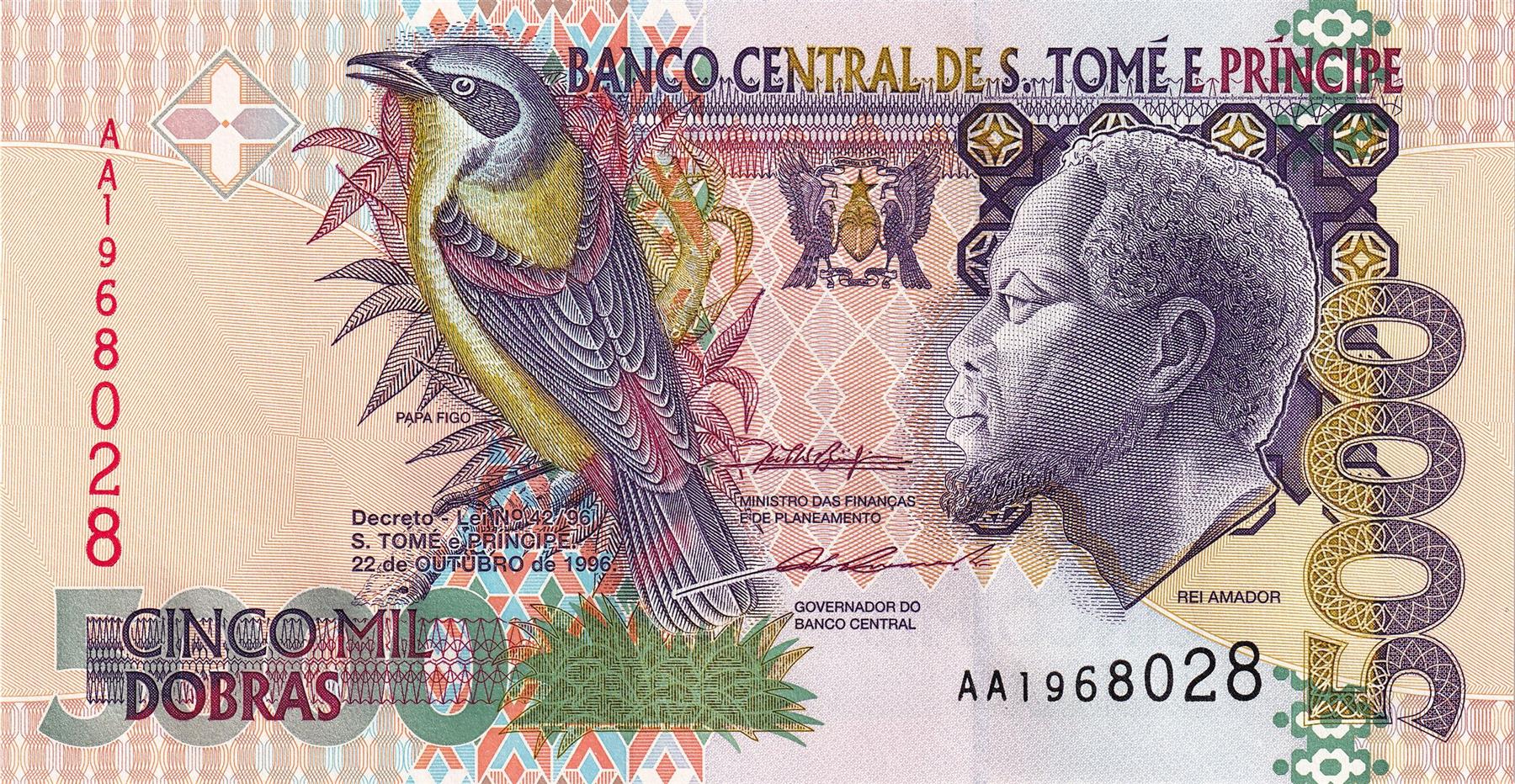 Sao Tome And Principe | 5000 Dobras Banknote | 1996 - 2013 | Papa Figo Bird | Rei Amador | Former Hospital