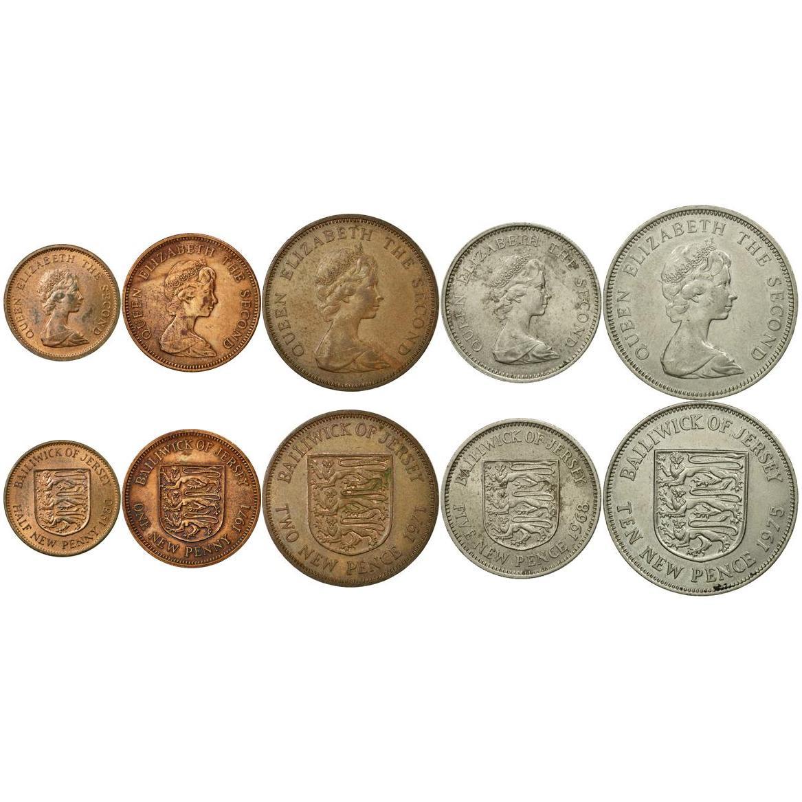 Jersey | 5 Coin Set | 1/2 1 New Penny 2 5 10 New Pence | 1968 - 1980