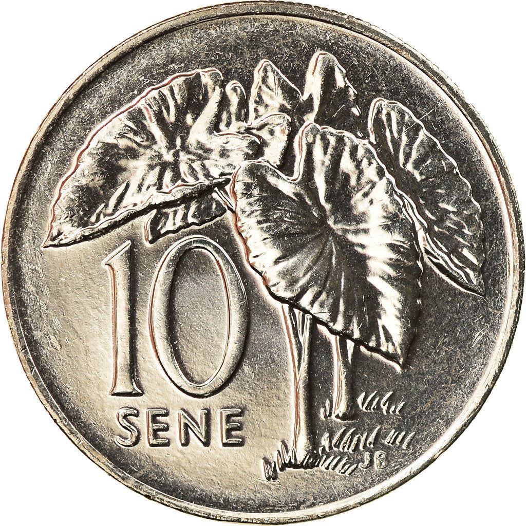 萨摩亚 | 10 Sene 硬币 | 马列托亚·塔努马菲利二世 | 芋头植物 | Km:132 | 2002 - 2010