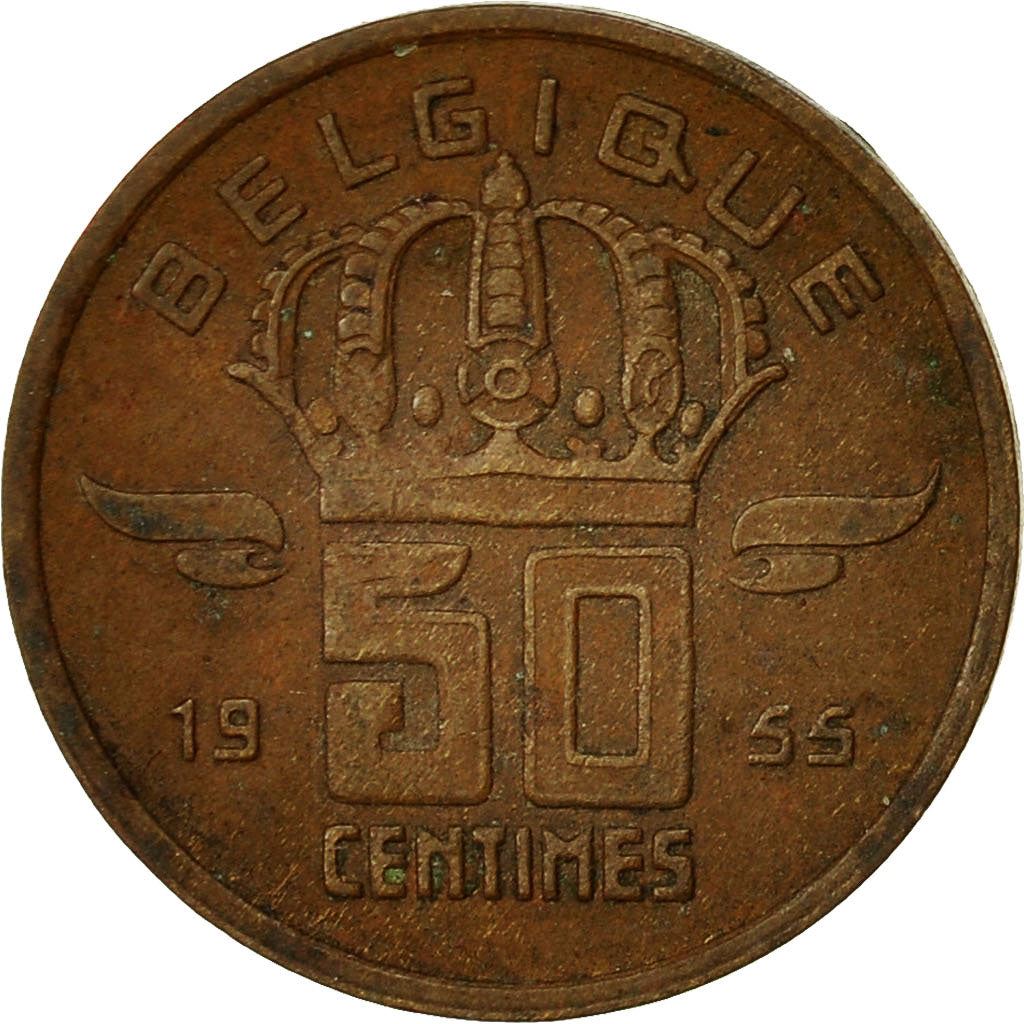 Belgium | 50 Centimes Coin | Miner | Lamp | Crown | Wings | Km:144 | 1952 - 2001