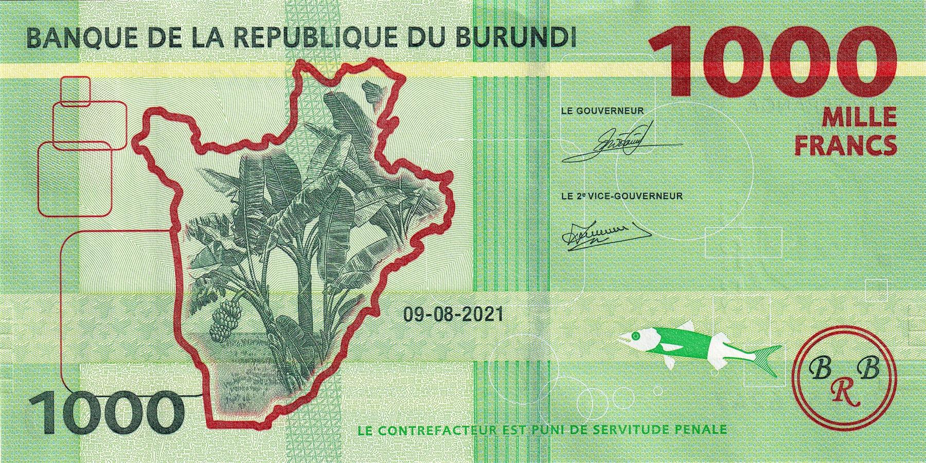 Burundi | 1000 Francs Banknote | 2021 - 2023 | Cows | Paradise Whydah | Map of Burundi | Banana Plants