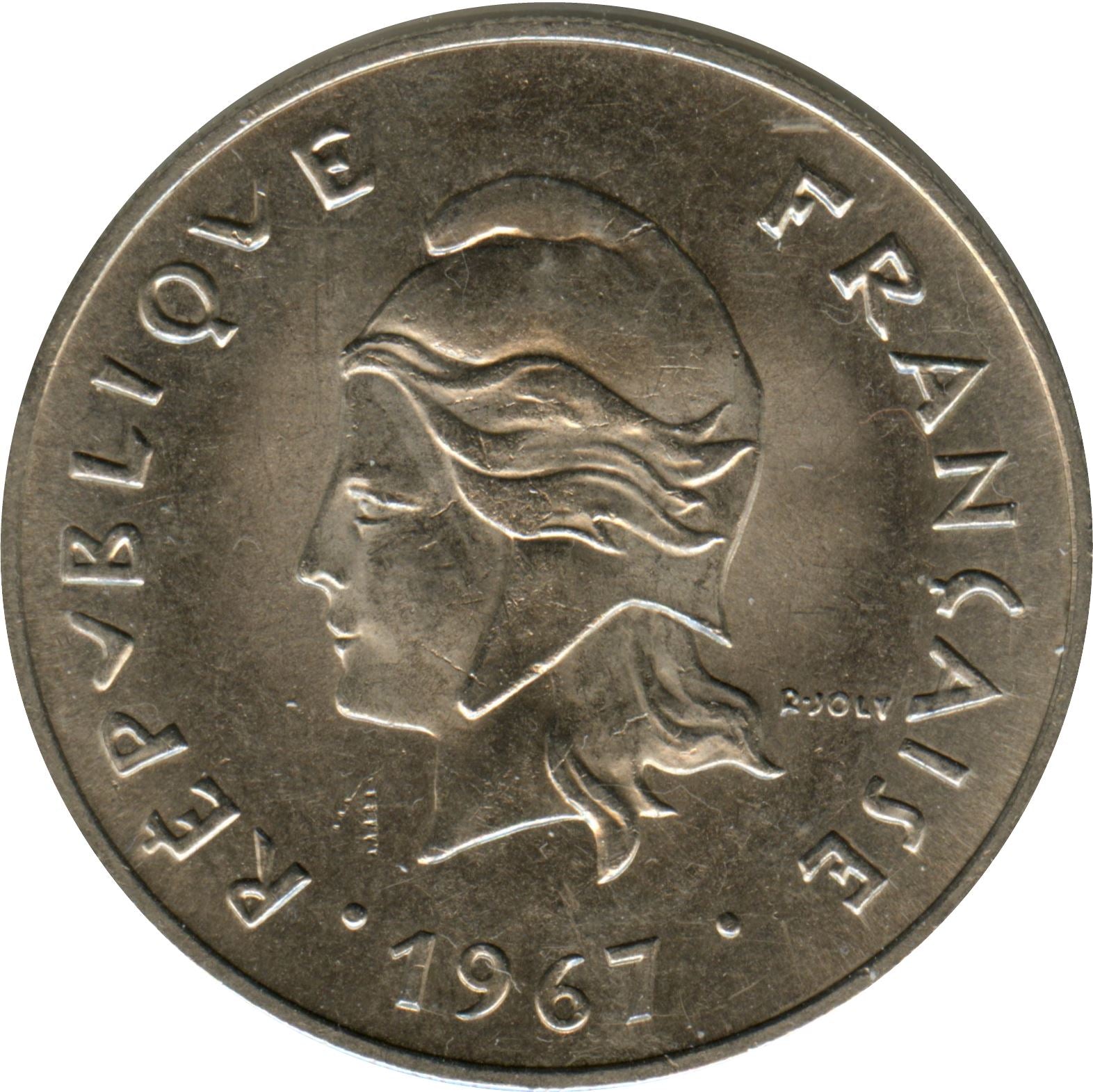 French Polynesia 50 Francs Coin | Marianne | Phrygian Cap | Moorea Harbor | KM7 | 1967