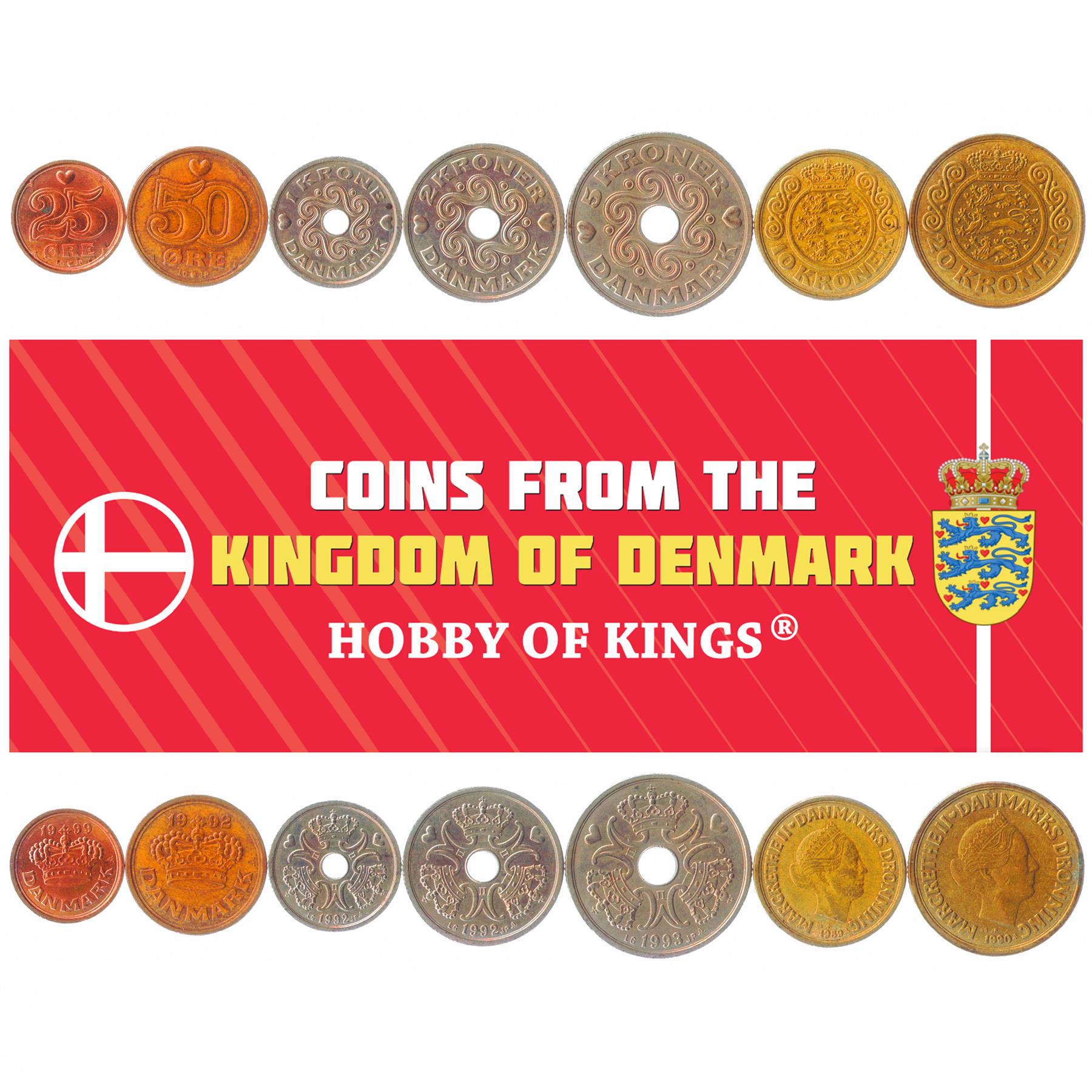 Denmark | 7 Coin Set | 25 50 Ore 1 Krone 2 5 10 20 Kroner | 1989 - 2021