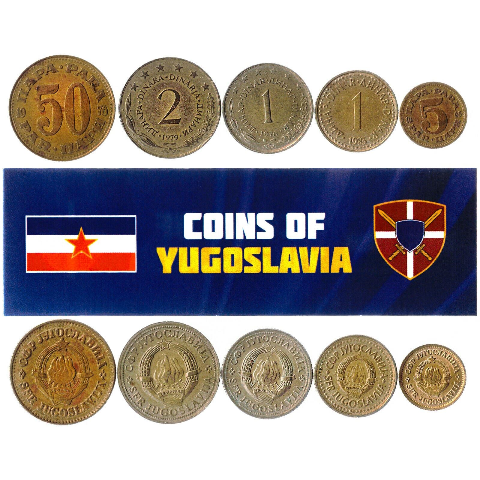 5 Mixed Coins From Yugoslavia | Para - Dinar | Wheat | Torch | Stars | Cogwheel | 1945 - 2003