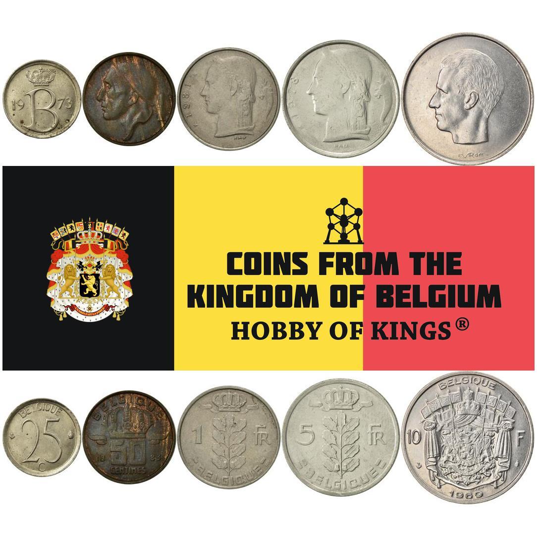 Belgium | 5 Coin Set | 25 50 Centimes 1 Franc 5 10 Francs | 1956 - 1988