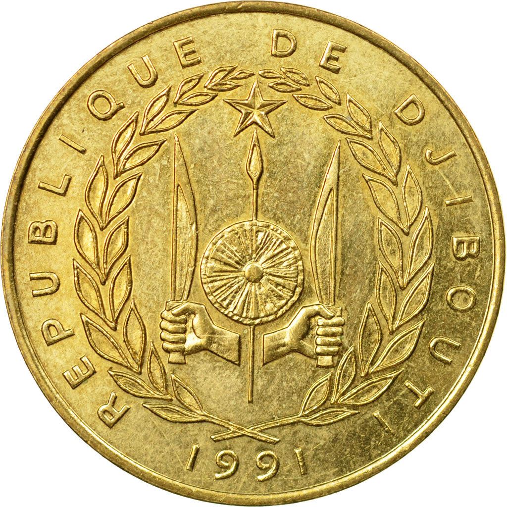 Djibouti | 20 Francs Coin | Knife | Spear | Shield | Dhow | Ocean Liner | Km:24 | 1977 - 2017