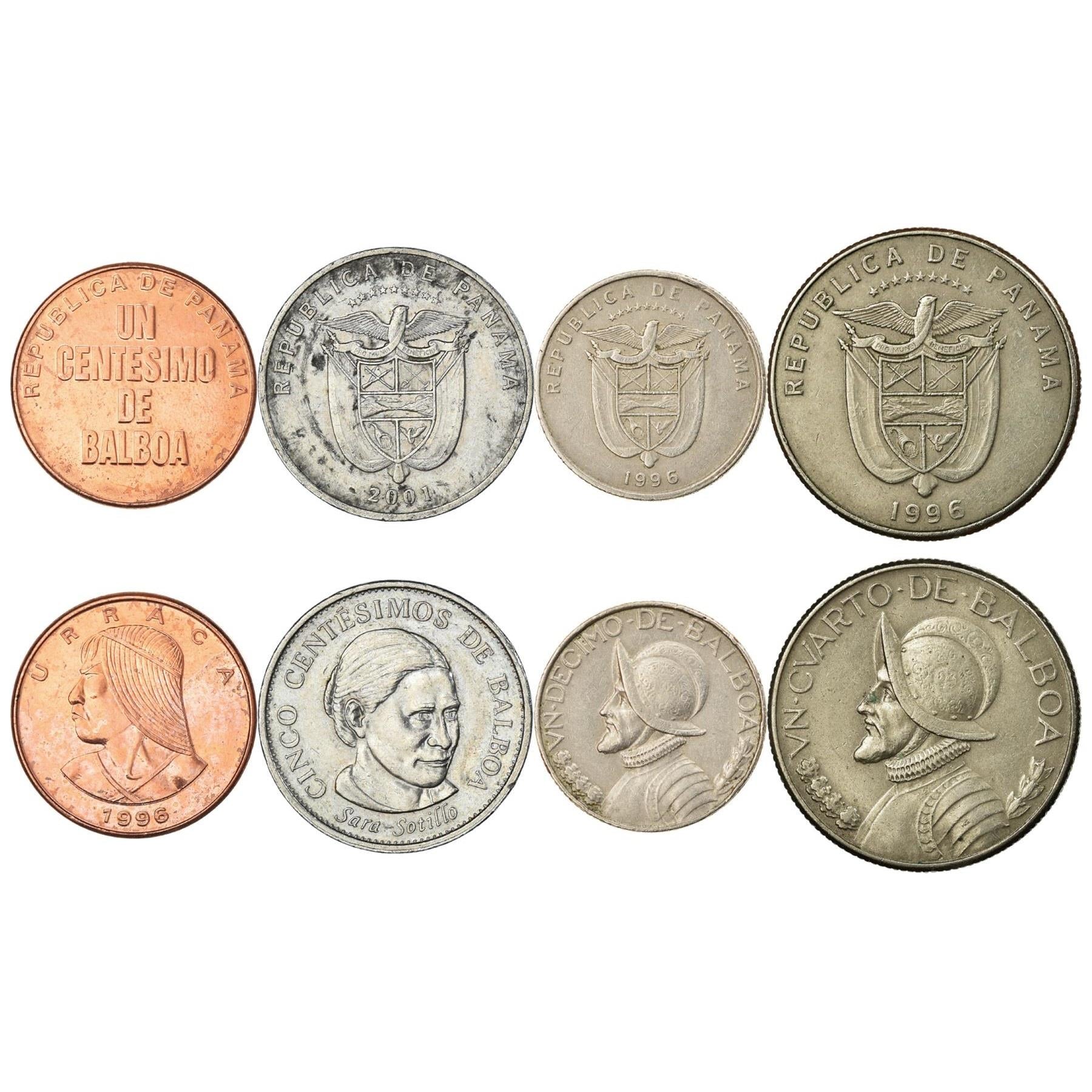 Panamanian 4 Coin Set 1 5 Centesimos 1/10 1/4 Balboa | Urraca | Sara Sotillo | Vasco Núñez De Balboa | Panama | 1996 - 2008