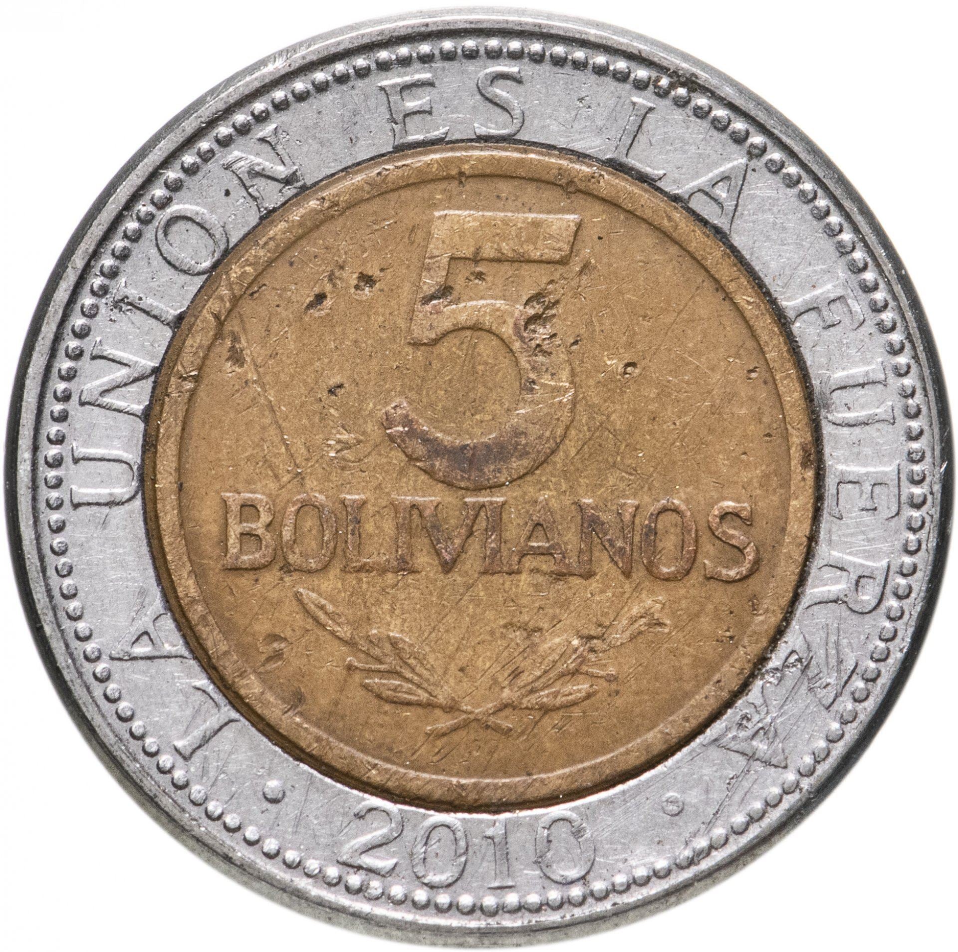 Bolivia | 5 Bolivianos | Bimetallic | Coat of Arms | KM:219 | 2010-2012