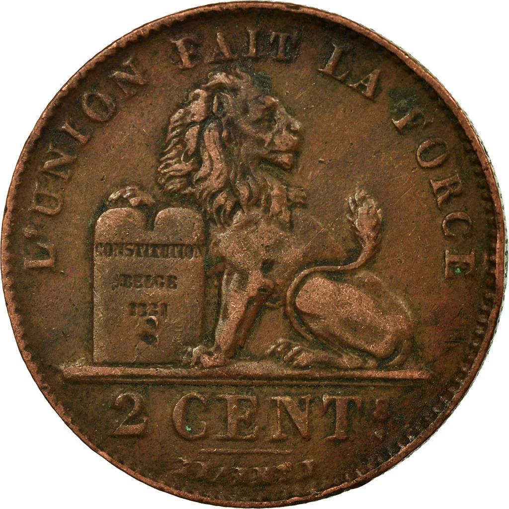 Belgisk mynt 2 centimes - Léopold Belgique | Løve | Grunnlov | KM35 | 1869 - 1909