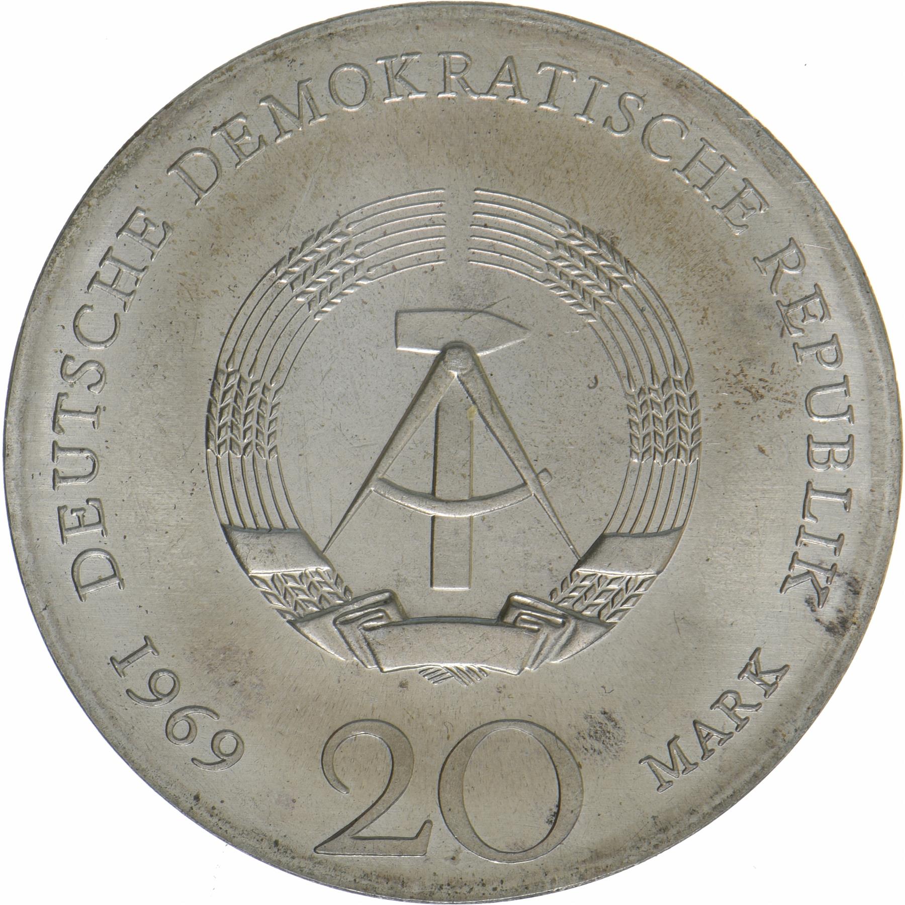 German Democratic Republic | 20 Mark Coin | Goethe | KM:25 | 1969