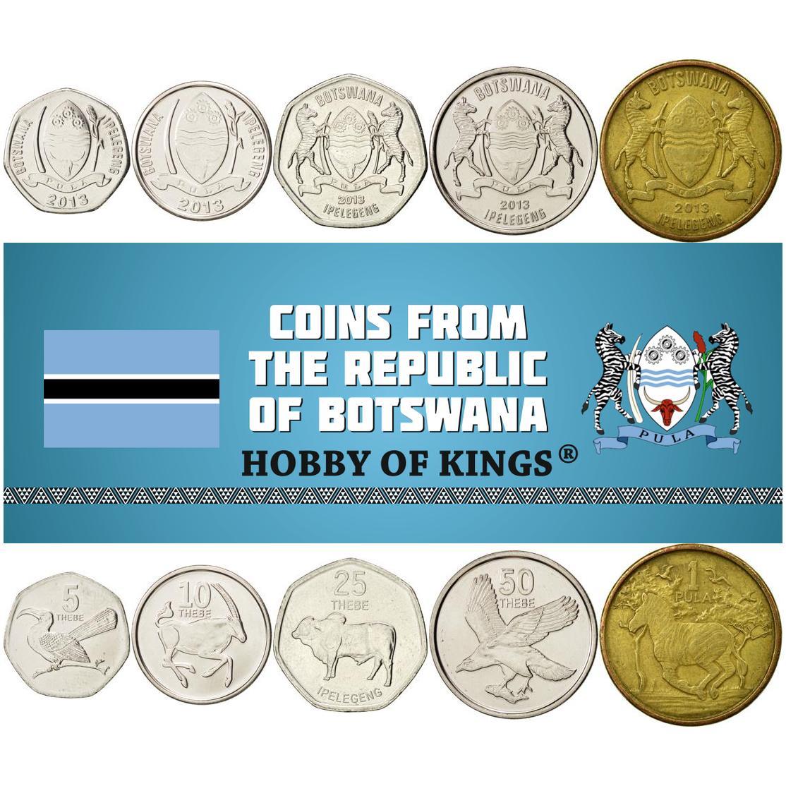 Botswana | 5 Coin Set | 5 10 25 50 Thebe 1 Pula | Red-Billed Hornbill | South African Gemsbock | Brahman Bull | African Fish Eagle | Zebra | 2013 - 2022