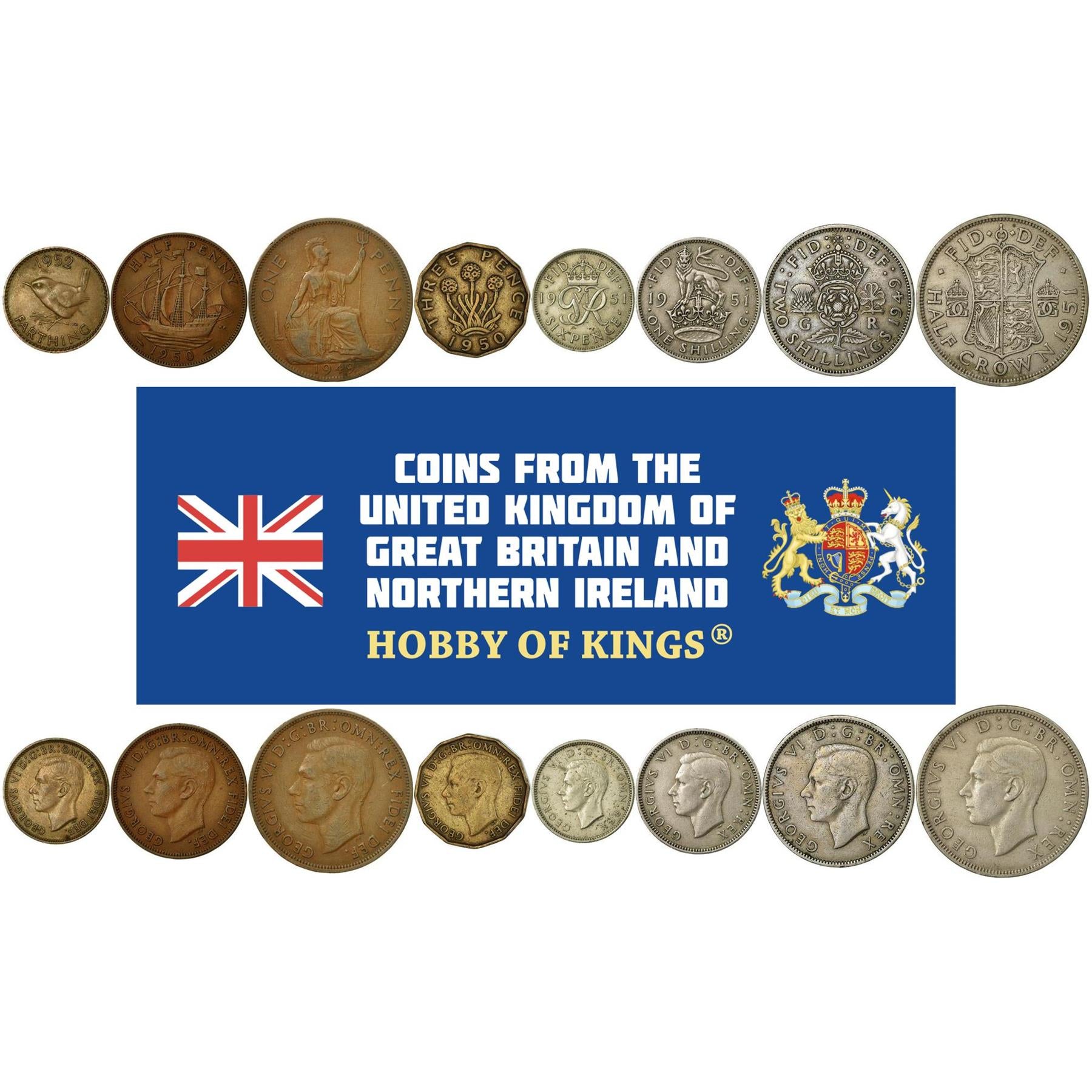 United Kingdom | 8 Coin Set | 1 Farthing 1/2 1 Penny 3 6 Pence 1 Shilling 2 Shillings 1/2 Crown | 1949 - 1952
