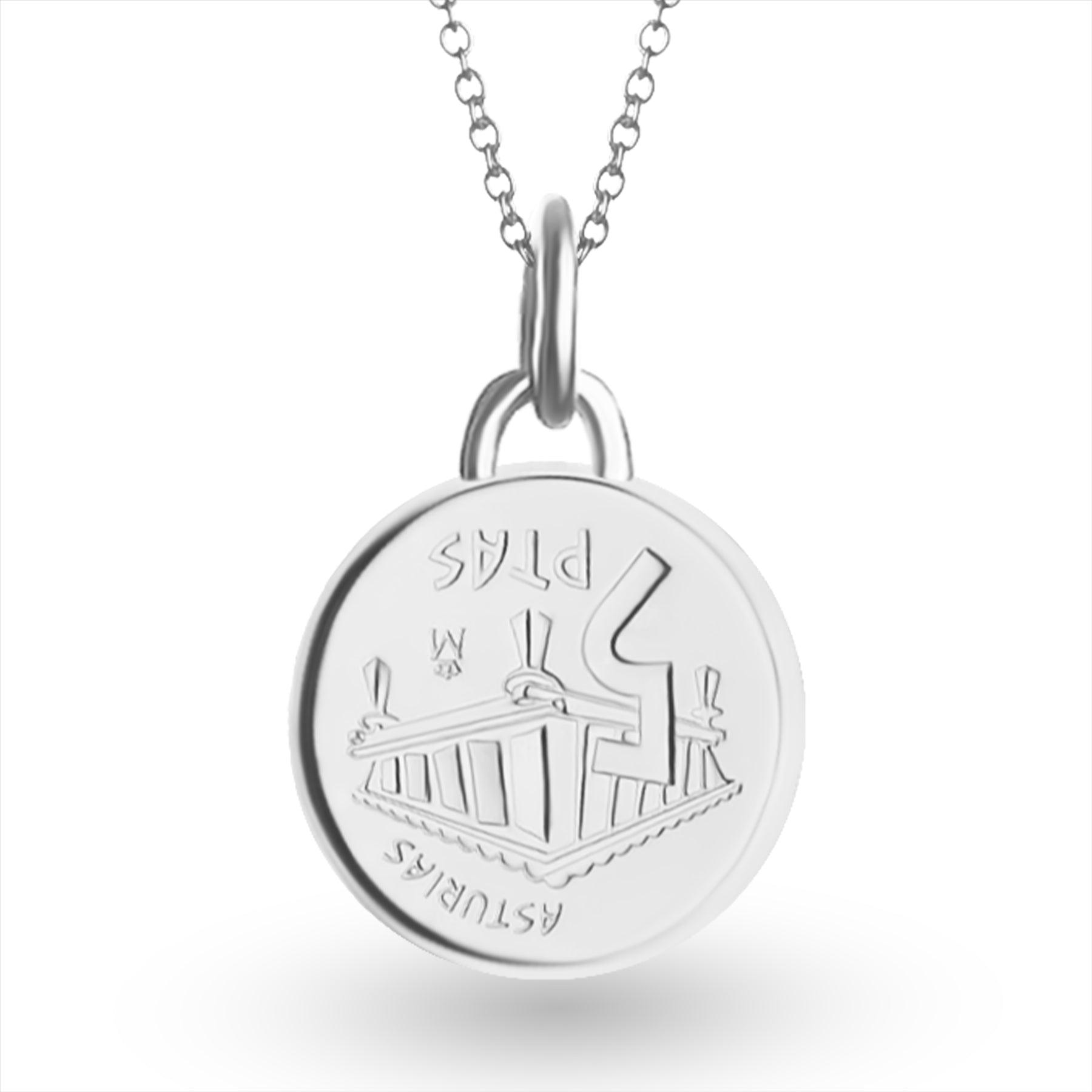 Spanish Coin Necklace | Medallion Pendant Jewelry | Rhodium Plated 5 Pesetas | Asturias | 1995