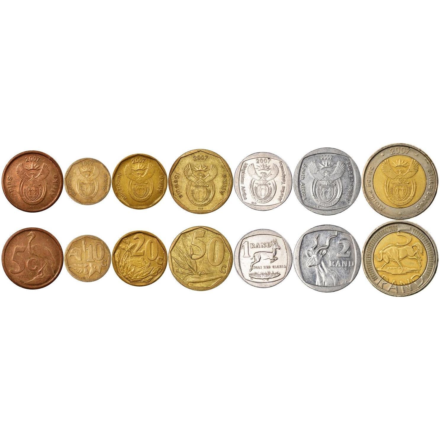 South Africa 7 Coin Set | 5 10 20 50 Cents 1 2 5 Rand | 2007