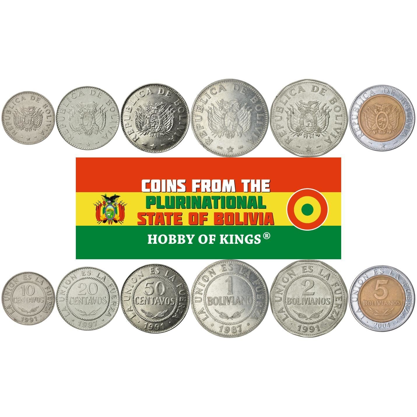 Bolivie | Lot de 6 pièces | 10, 20, 50 centavos, 1, 2, 5 bolivianos | 1987-2008