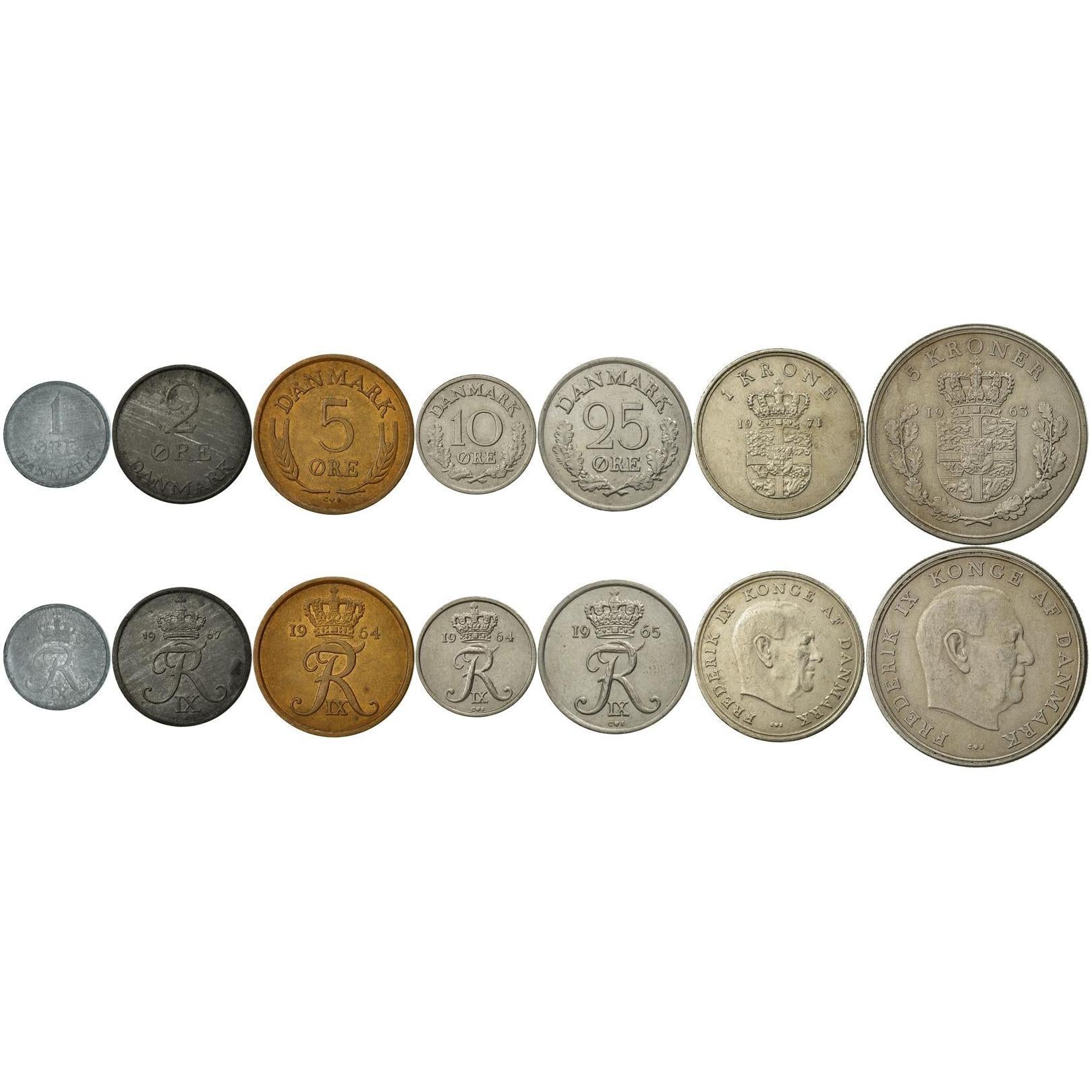 Denmark | 7 Coin Set | 1 2 5 10 25 Ore 1 Krone 5 Kroner | 1960 - 1972