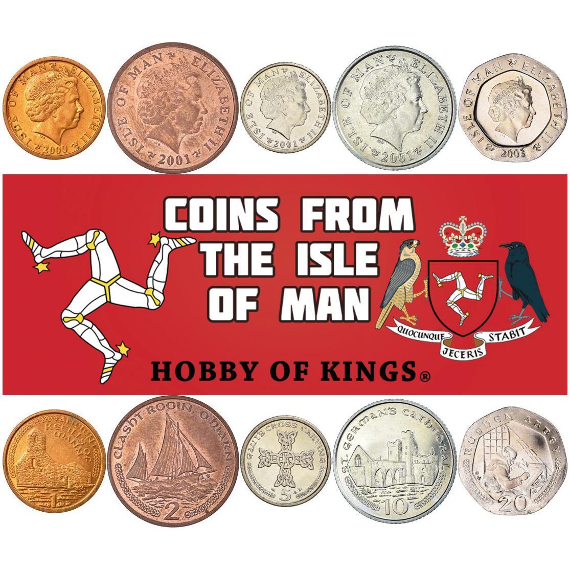 Остров Мэн | Набор из 5 монет | 1 пенни 2 5 10 20 пенсов | Руины манксской часовни | Королева Елизавета II | Манксская лодка | Крест Гаута | Собор Святого Германа | Монах | Рукопись | Аббатство Рашен | 2000 - 2003