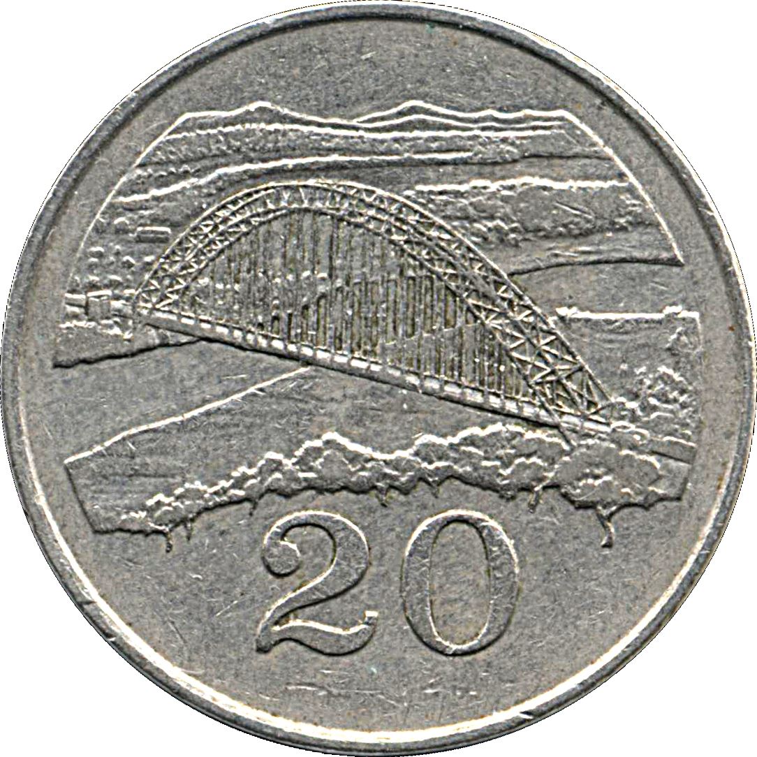 Zimbabwe Coin | 20 Cents Coin | Bateleur Eagle | Birchenough Bridge | Sabi River | KM4 | 1980 - 1997