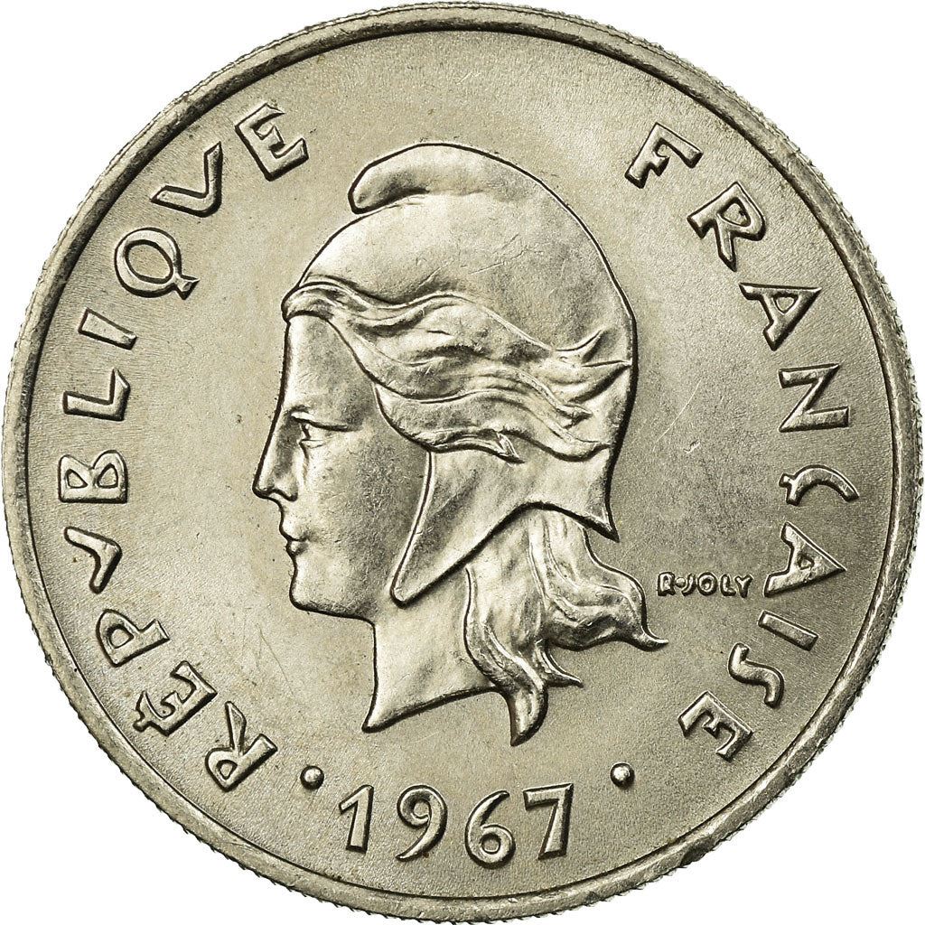 French Polynesia 10 Francs Coin | Marianne | Phrygian Cap | Tribal Mask | KM5 | 1967