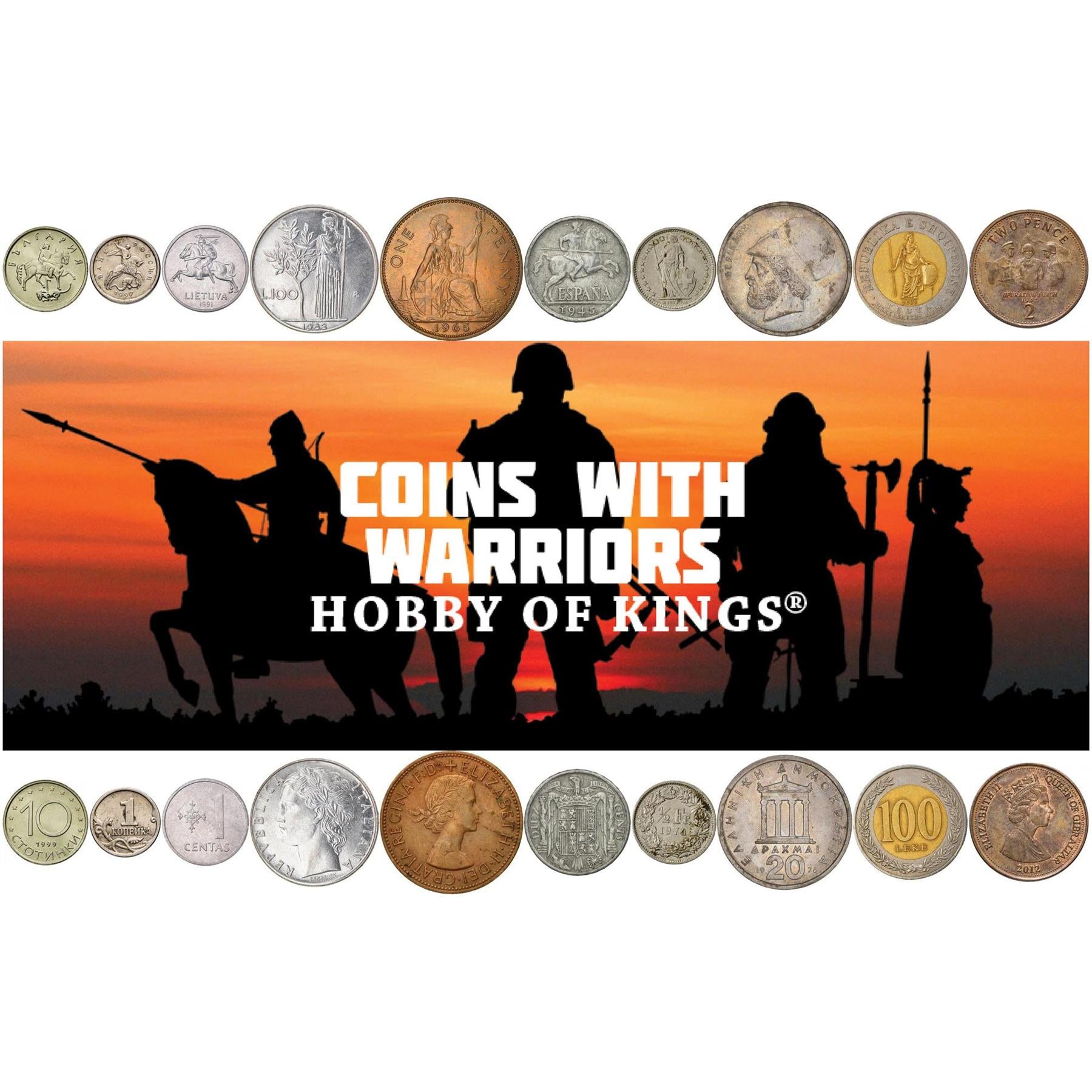 Warrior Coin Collection - Coins with Armed Cavalry, Soldiers, Fighters, Heroes, Deities - Warrior Figures Depicted