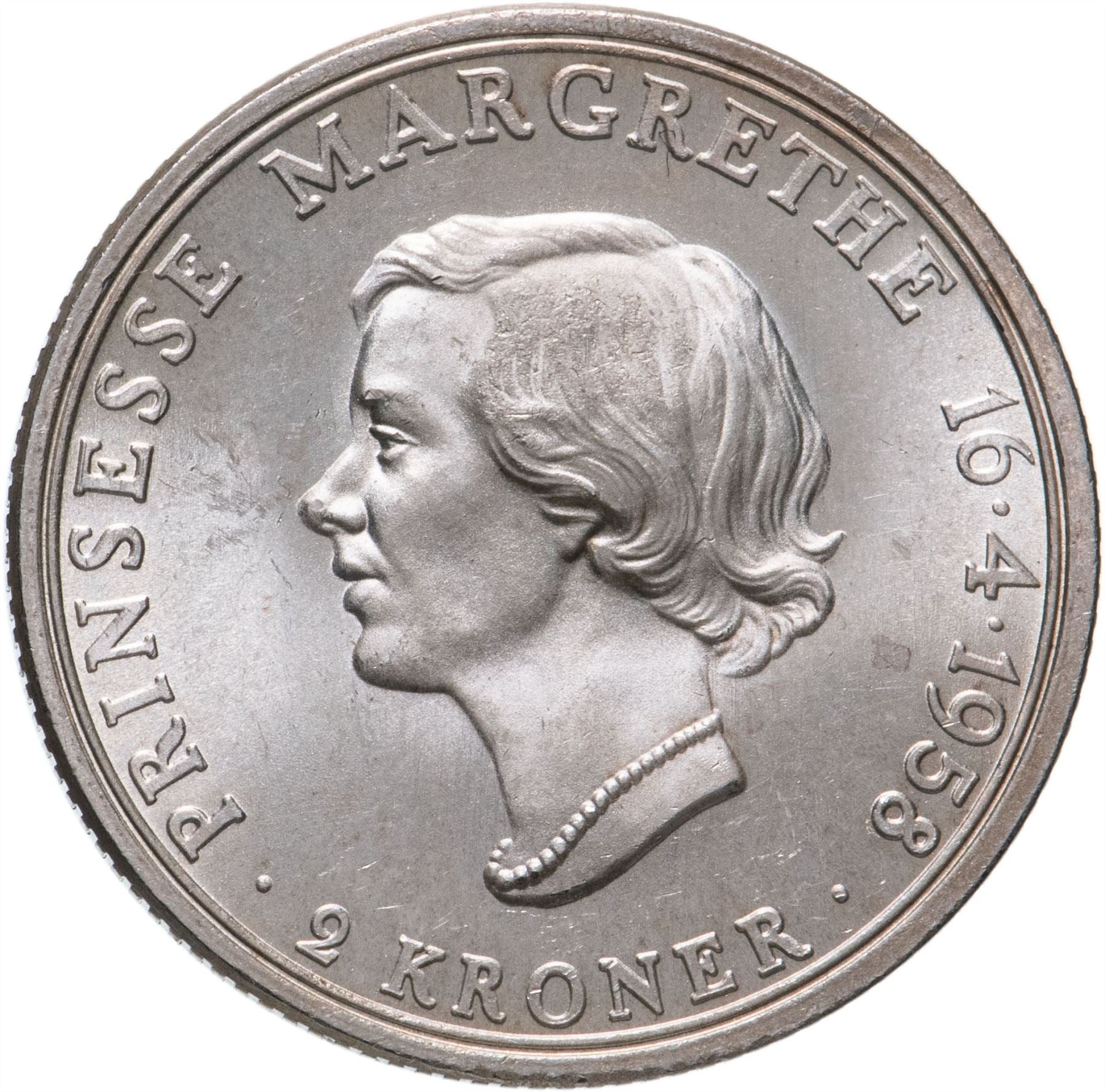 Denmark | 2 Kroner Coin | Silver | Princess Margrethe's 18th Birthday | KM:845 | 1958