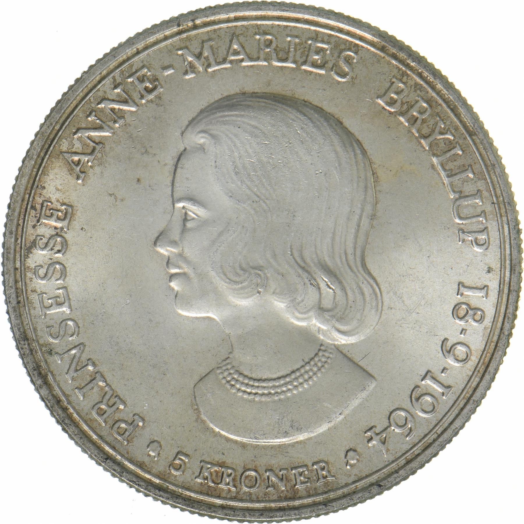 Denmark | 5 Kroner Coin | Silver | Wedding of Princess Anne Marie | KM:854 | 1964