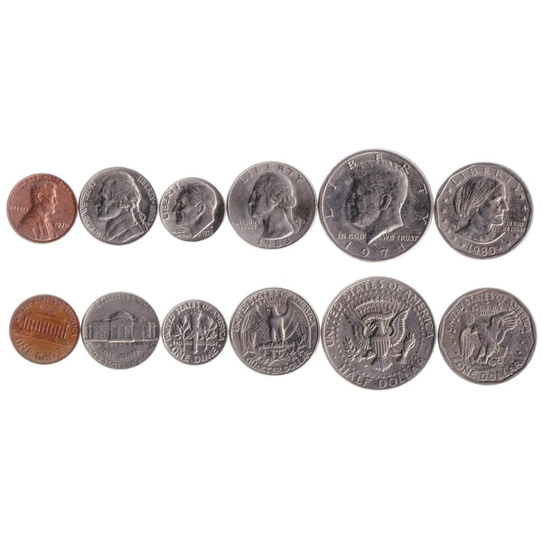 American 6 Coin Set 1 5 Cents 1 Dime ¼ ½ 1 Dollar | Susan B. Anthony | Abraham Lincoln | Thomas Jefferson | Franklin D. Roosevelt | John F. Kennedy | George Washington | Eagle | Monticello | Lincoln Memorial | United States | 1959 - 2003