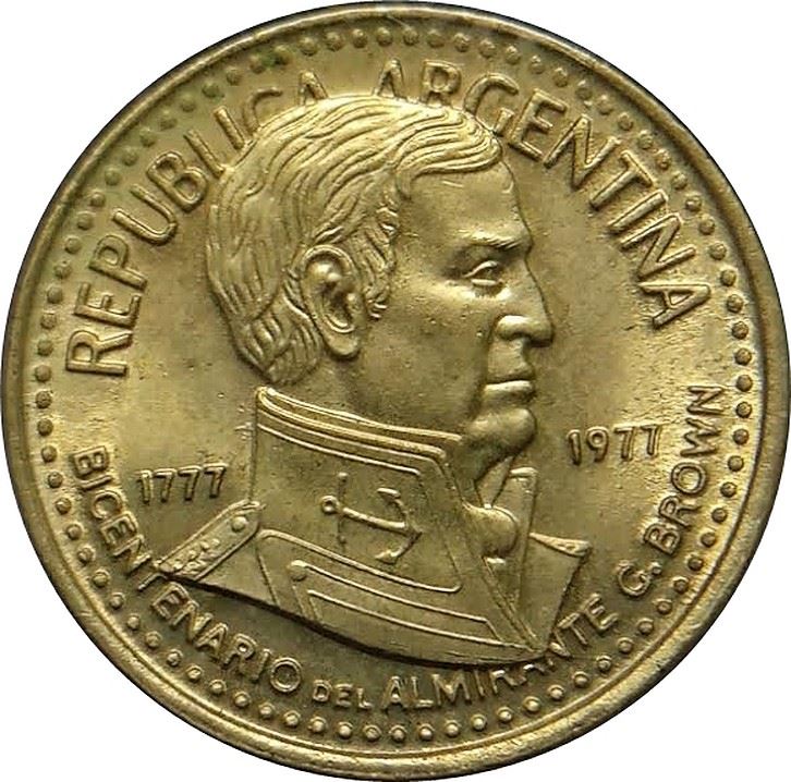 Argentina 5 Pesos Coin | Admiral G. Brown | Grain Sprigs | 1977
