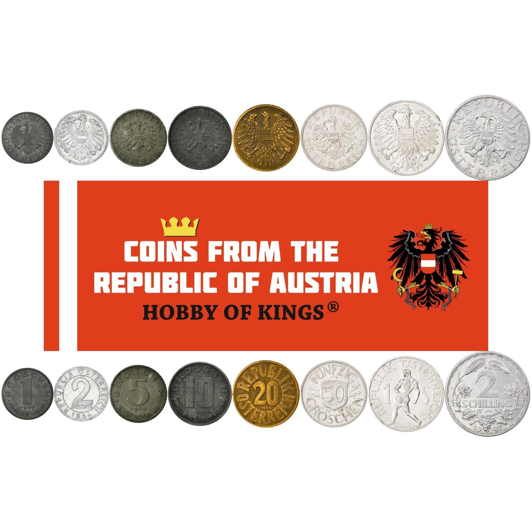 Austria | 8 Coin Set | 1 2 5 10 20 50 Groschen 1 2 Schilling | 1946 - 1957