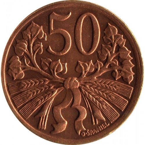Czechoslovakia | 50 Haleru Coin | Linden Branch | KM21 | 1947 - 1950