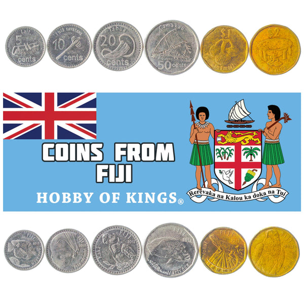 Fijian 6 Coin Set 5 10 20 50 Cents 1 2 Dollars | Fiji flying fox | Foxface Rabbitfish | Shining parrot | Banded Iguana | Camakau | Fijian drum | Throwing club | Saqa Moli | Sperm whale | Humpheaded Wrasse | Peregrine Falcon | Kava bowl | 2012 - 2017