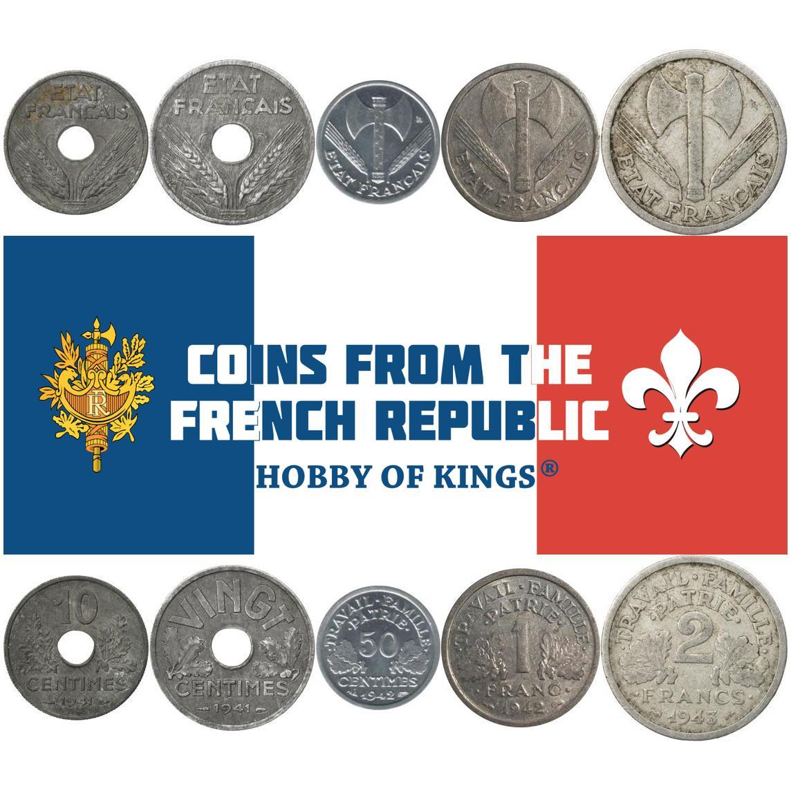 France | 5 Coin Set | 10 20 50 Centimes 1 2 Francs | Oak leaves | VINGT | Axe | 1941 - 1944