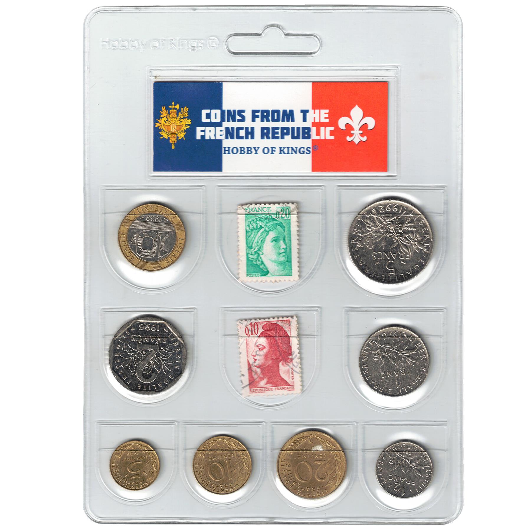 France | 8 Coin Set 5 10 20 Centimes 1/2 1 2 5 10 Francs | 4 Mixed French Postage Stamps | Marianne de Gandon | 1961 - 2001