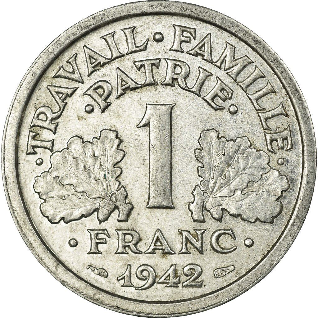 French 1 Franc Coin | Vichy French State | heavy type | KM902.1 | France | 1942 - 1943