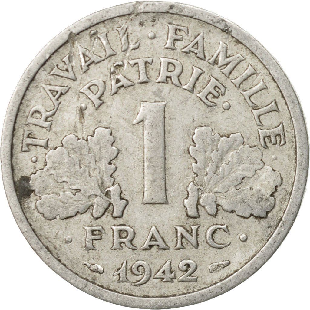 French 1 Franc Coin | Vichy French State | heavy type | KM902.1 | France | 1942 - 1943